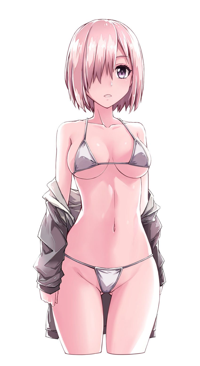 1girl a4typhoon absurdres arms_at_sides backlighting bangs bare_shoulders bikini black_hoodie breasts breasts_apart collarbone commentary_request cowboy_shot cropped_legs erect_nipples eyelashes fate/grand_order fate_(series) gluteal_fold groin hair_over_one_eye halterneck highres hood hood_down hoodie jacket long_sleeves looking_at_viewer mash_kyrielight medium_breasts micro_bikini midriff navel off_shoulder open_clothes open_hoodie open_jacket parted_lips pink_hair purple_eyes short_hair simple_background skindentation solo standing stomach string_bikini swimsuit teeth underboob white_background white_bikini