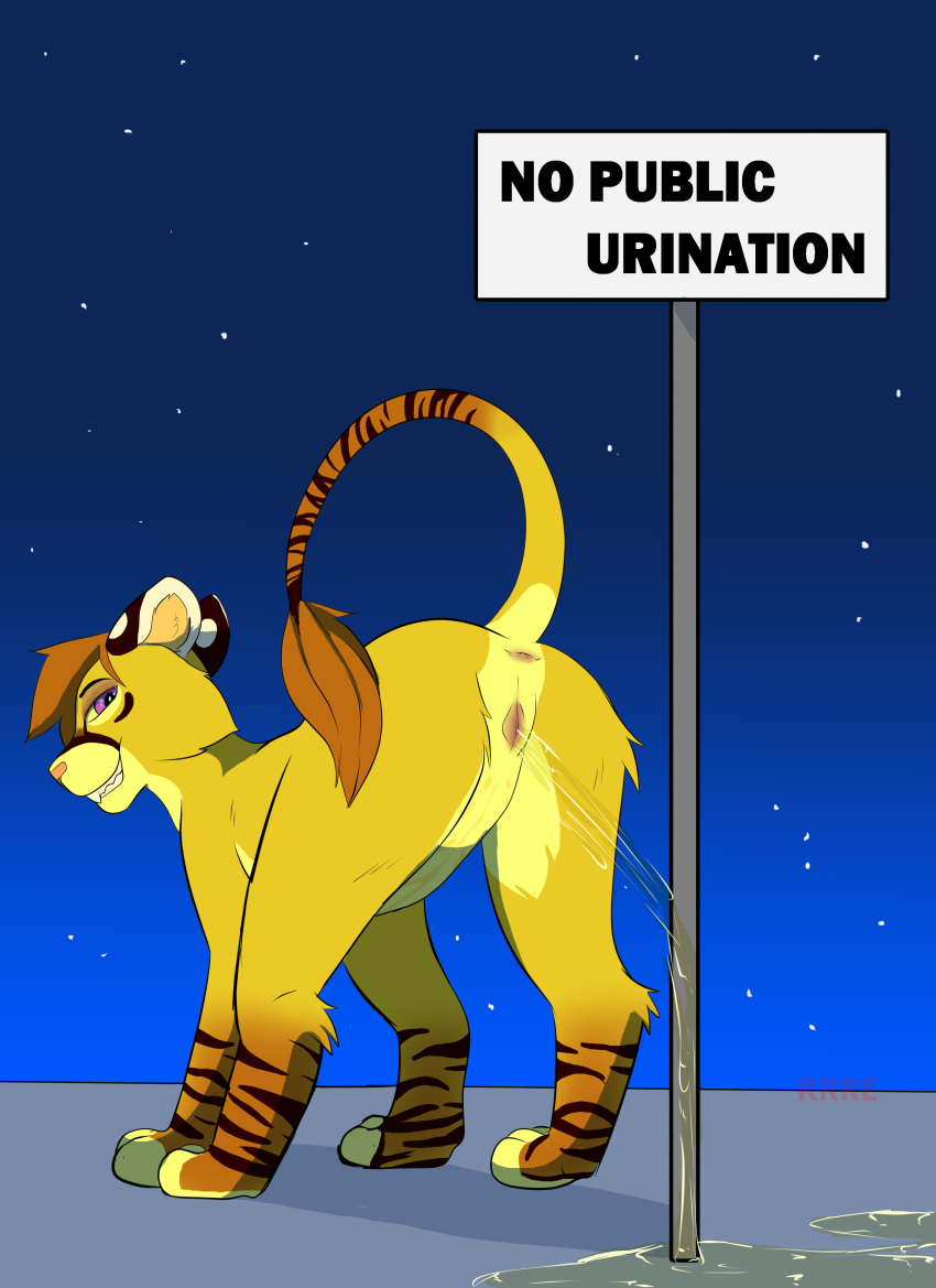 absurd_res anus bodily_fluids butt digital_media_(artwork) english_text felid female feral fur genital_fluids genitals hair hi_res hybrid liger lion looking_back mammal markings outside pantherine peeing presenting presenting_hindquarters purple_eyes pussy raveneevee sign signpost simple_background smile solo striped_body striped_fur striped_markings stripes teeth text tiger urine urine_on_ground urine_pool urine_stream watersports yellow_body yellow_fur