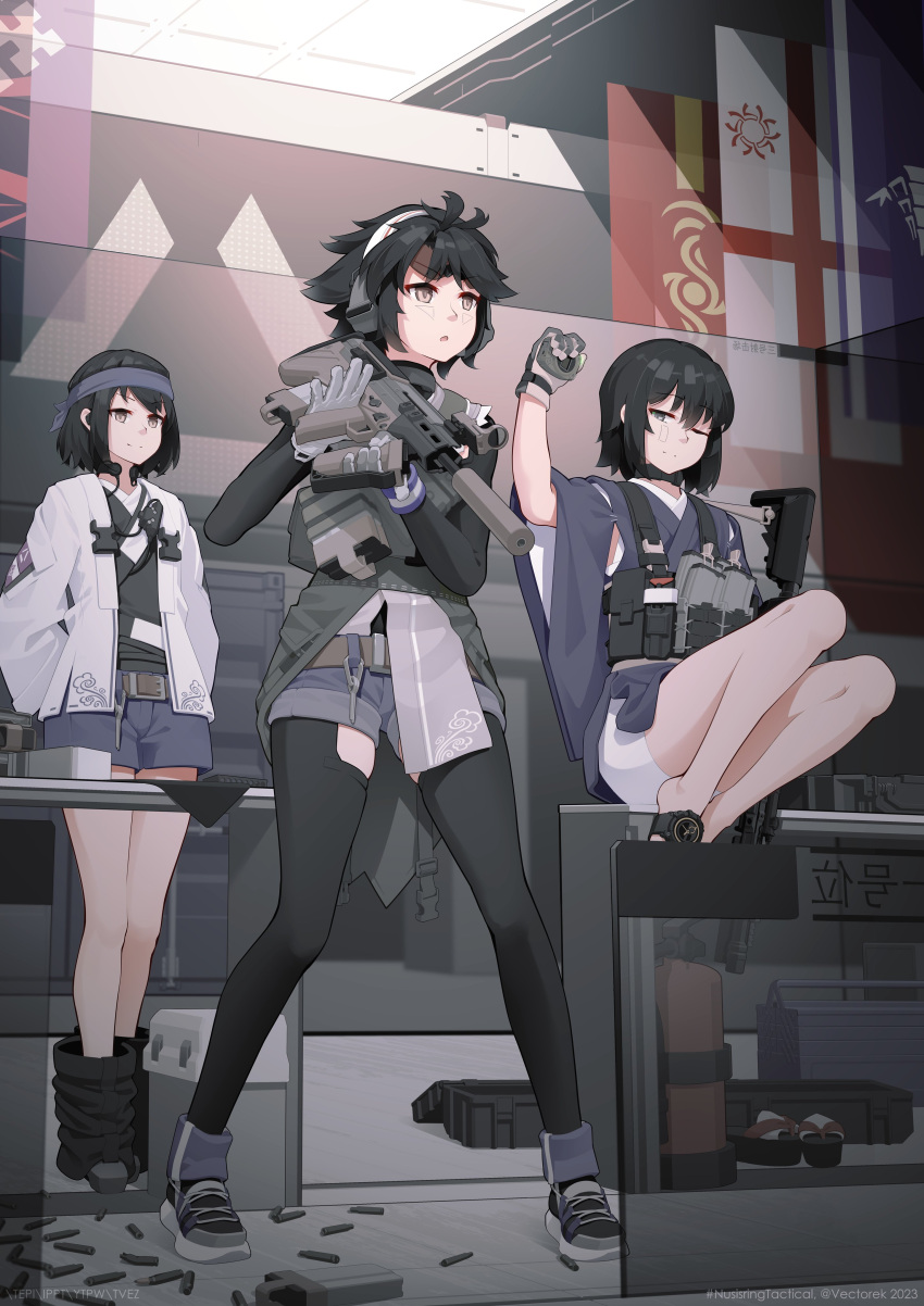 3girls absurdres assault_rifle black_hair character_request flag gun headband headphones highres holding holding_gun holding_weapon japanese_clothes multiple_girls nusisring_tactical one_eye_closed rifle shell_casing shooting_range suppressor vectorek weapon