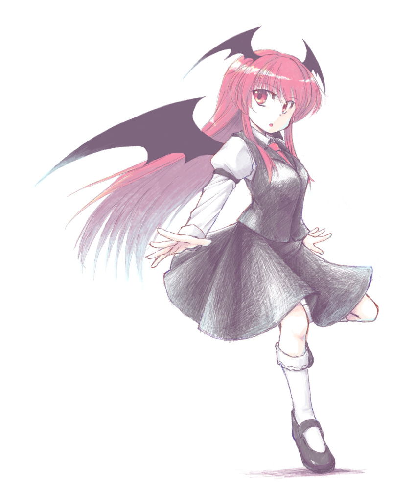 1girl :o aokukou bat_wings black_armband black_footwear black_skirt black_vest black_wings collared_shirt dot_nose dress_shirt eyes_visible_through_hair full_body head_wings highres juliet_sleeves kneehighs koakuma long_hair long_sleeves looking_to_the_side necktie puffy_sleeves red_eyes red_hair red_necktie shirt sidelocks simple_background skirt skirt_set socks solo standing standing_on_one_leg tiptoes touhou very_long_hair vest white_background white_shirt white_socks wings