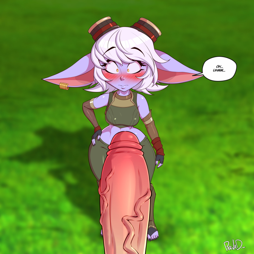 absurd_res big_ears blush breasts clothed clothing duo erection female fully_clothed genitals hair hand_on_hip hi_res human humanoid humanoid_pointy_ears league_of_legends male male/female mammal parvad92 penis riot_games short_stack small_waist thick_thighs tristana_(lol) white_hair wide_eyed wide_hips yordle