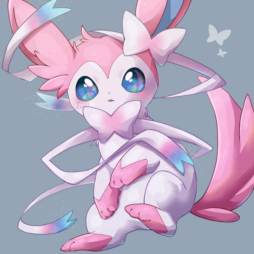 :&lt; animal_focus artist_name blue_eyes blush bow bowtie commentary full_body grey_background hair_bow highres looking_at_viewer no_humans open_mouth pink_bow pink_bowtie pokemon pokemon_(creature) ribbon shia_(shi12_poke) signature simple_background sitting solo sylveon white_ribbon