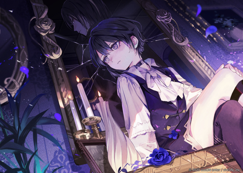 2boys aged_down black_hair blue_flower blue_rose candlelight candlestand clock_over_orquesta dual_persona flower highres looking_to_the_side male_child male_focus mirror multicolored_hair multiple_boys ozadomi plant purple_eyes purple_hair purple_theme rose sitting tokito_reiji white_hair