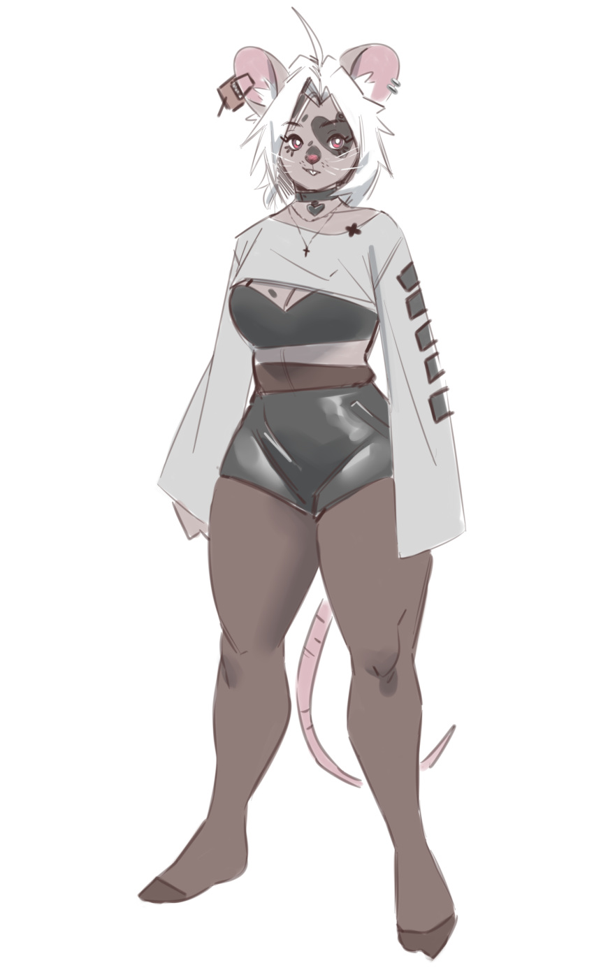 anthro choker clothing female fur grey_body grey_fur hair hi_res jewelry legwear mammal markings mouse murid murine necklace onicristice pantyhose rodent solo tilde_(wizpig) white_hair