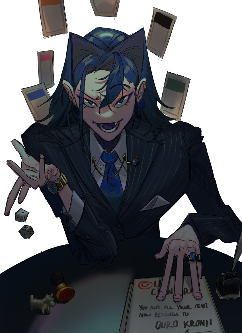 1girl absurdres bangs blue_eyes blue_hair board_game dice dog elisbian formal hair_intakes highres hololive hololive_english ink_stamp inkwell jewelry long_hair monopoly necktie ouro_kronii quill ring shirt short_hair smile solo suit virtual_youtuber watch wristwatch