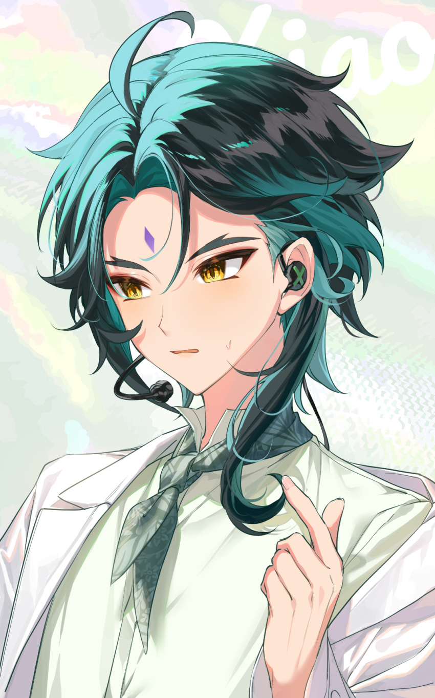 1boy ahoge aqua_hair bangs blush collared_shirt commentary_request earpiece eyeliner facial_mark forehead_mark genshin_impact green_hair green_neckerchief green_shirt hair_behind_ear hand_up headset highres jacket kkopoli lapels long_sleeves looking_away makeup male_focus microphone multicolored_background multicolored_hair neckerchief off_shoulder open_clothes open_jacket open_mouth parted_bangs red_eyeliner shirt short_hair sidelocks simple_background solo streaked_hair sweatdrop upper_body white_jacket xiao_(genshin_impact) yellow_eyes