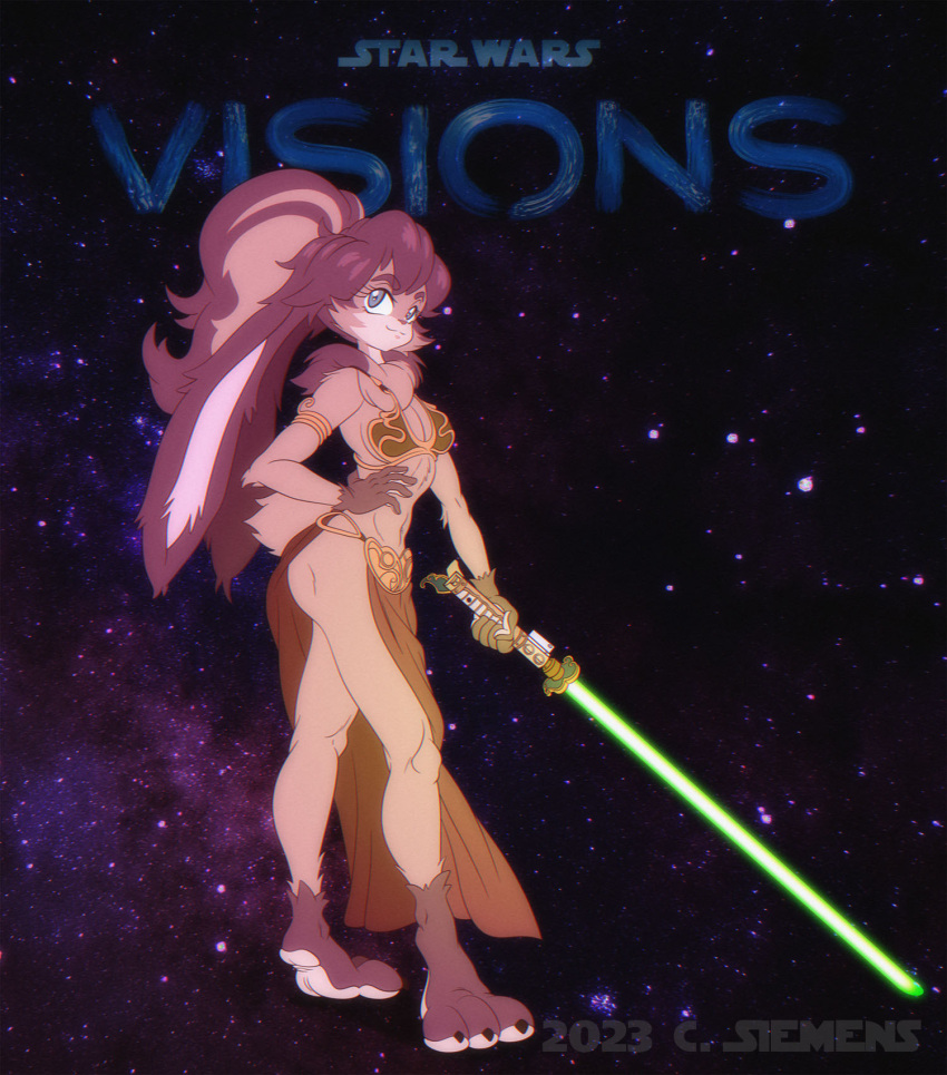 2023 anthro arm_tuft armlet blue_eyes bottomwear bra breasts brown_body brown_fur brown_hair clothing costume dawgweazle elbow_tuft eyebrows eyelashes female floppy_ears fur gloves_(marking) hair hi_res lagomorph leg_markings lepi leporid lightsaber loincloth long_ears looking_at_viewer lop_(star_wars_visions) mammal markings melee_weapon neck_tuft shoulder_tuft slave_leia_costume small_breasts socks_(marking) solo space star_wars star_wars_visions tuft underwear weapon