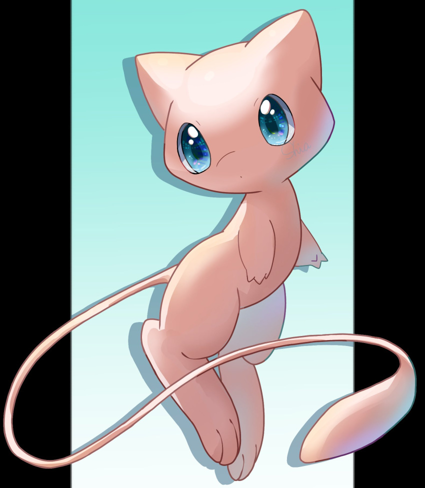 animal_focus artist_name blue_background blue_eyes closed_mouth commentary dot_mouth drop_shadow floating full_body gradient_background highres looking_to_the_side mew no_humans outside_border pillarboxed pokemon pokemon_(creature) shia_(shi12_poke) signature simple_background solo