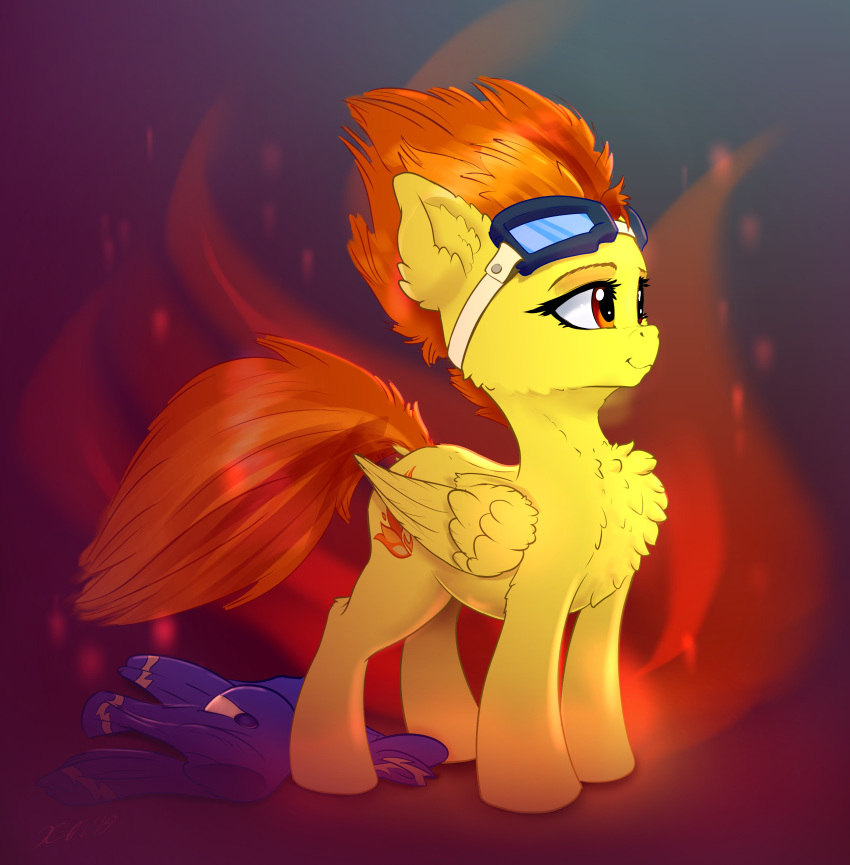 2019 absurd_res chest_tuft clothing cutie_mark digital_media_(artwork) dock equid equine eyebrows eyelashes eyewear eyewear_on_head feathered_wings feathers female feral fluffy folded_wings friendship_is_magic fur goggles goggles_on_head hair hasbro hi_res inner_ear_fluff looking_away mammal my_little_pony orange_eyes orange_hair orange_tail pegasus smile solo spitfire_(mlp) standing tail tuft wings wonderbolts_(mlp) xbi yellow_body yellow_feathers yellow_fur