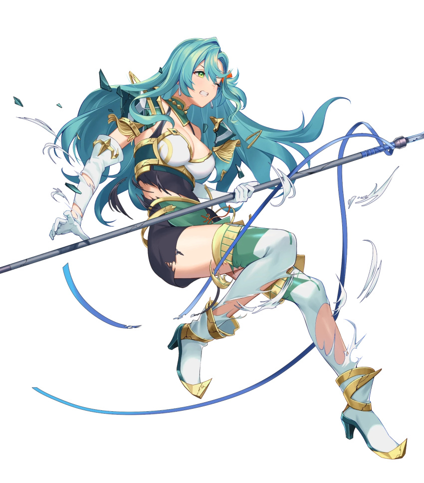 1girl ankle_boots aqua_hair armor belt boots braid breasts chloe_(fire_emblem) dress earrings elbow_gloves fire_emblem fire_emblem_engage fire_emblem_heroes full_body garter_straps gloves green_eyes hair_ornament highres jewelry kainown long_hair medium_breasts non-web_source official_art pelvic_curtain short_dress shoulder_armor solo thighhighs transparent_background zettai_ryouiki