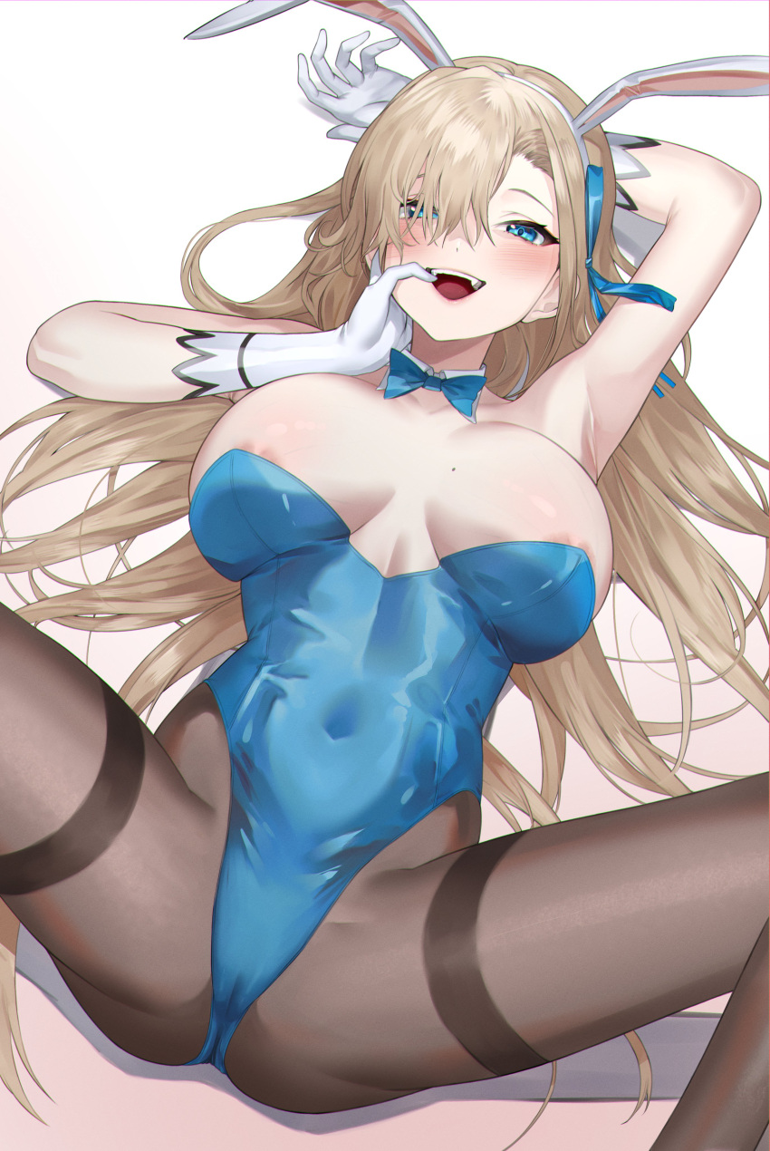 1girl absurdres animal_ears areola_slip arm_behind_head arm_up armpits asuna_(blue_archive) asuna_(bunny)_(blue_archive) bangs bare_shoulders blue_archive blue_bow blue_bowtie blue_eyes blue_leotard blue_ribbon blush bow bowtie breasts brown_pantyhose cameltoe cleavage detached_collar eredhen fake_animal_ears from_above gloves hair_over_one_eye hair_ribbon halo hand_to_own_mouth highleg highleg_leotard highres large_breasts leotard light_brown_hair long_hair looking_at_viewer mole mole_on_breast official_alternate_costume open_mouth pantyhose playboy_bunny rabbit_ears ribbon simple_background smile solo spread_legs strapless strapless_leotard swept_bangs thighband_pantyhose traditional_bowtie white_background white_gloves