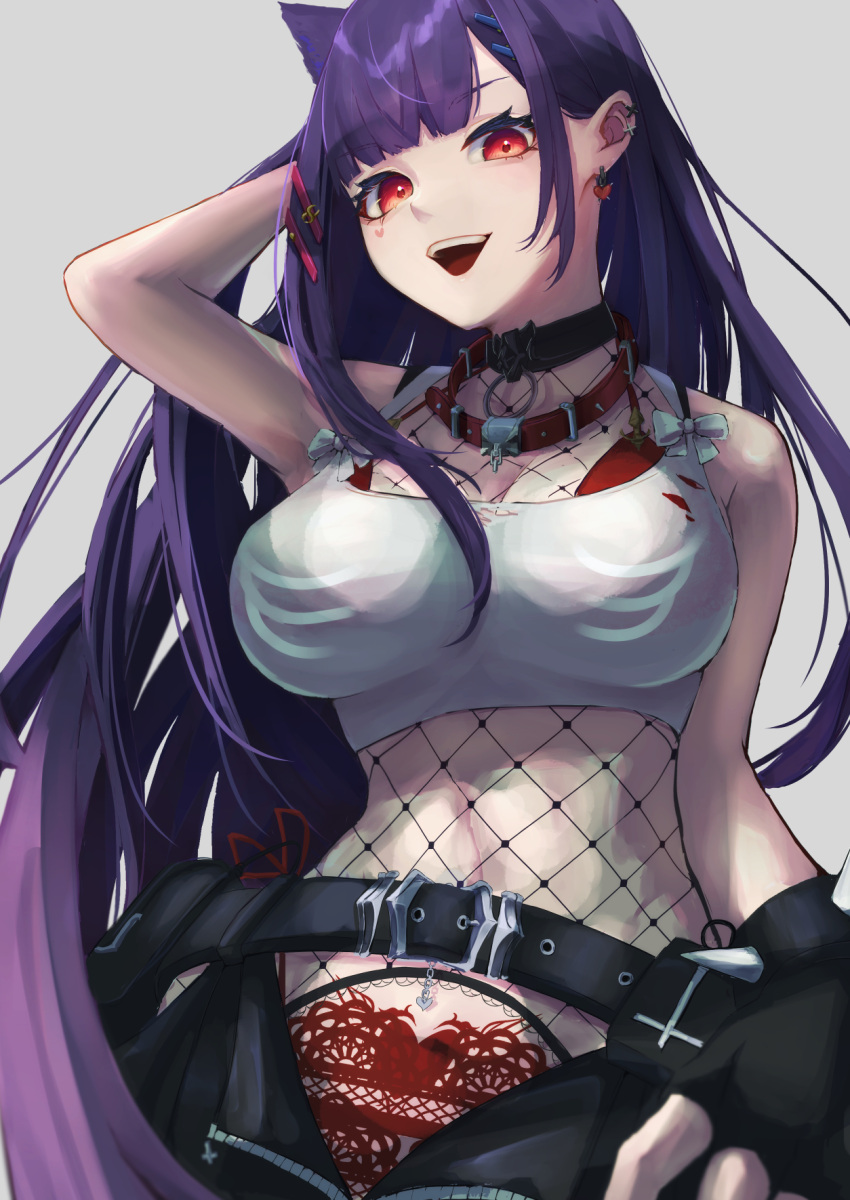 1girl akuma_nihmune animal_ears belt black_belt black_choker black_gloves black_pants bra breasts cat_ears cat_girl choker collar commentary crop_top earrings facial_tattoo fingerless_gloves fishnets gloves hair_ornament hairpin heart heart_earrings heart_tattoo highres indie_virtual_youtuber jewelry katanose_(user_hjrw5873) large_breasts long_hair looking_at_viewer navel open_fly open_mouth panties pants purple_hair red_bra red_collar red_eyes red_panties shirt side-tie_panties spiked_gloves symbol-only_commentary tattoo unbuttoned underwear virtual_youtuber white_shirt