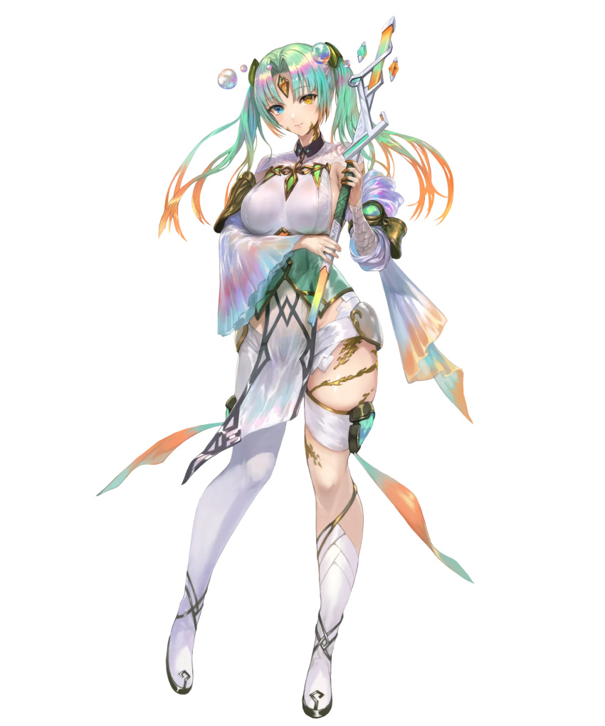 1girl asymmetrical_clothes bangs blue_eyes boots breasts fire_emblem fire_emblem_heroes full_body gradient_clothes gradient_hair green_hair hair_ornament heidr_(fire_emblem) heterochromia highres holding long_hair looking_at_viewer medium_breasts multicolored_hair non-web_source official_art orange_hair pants pelvic_curtain purple_hair single_boot solo thigh_strap transparent_background twintails wand wide_sleeves yellow_eyes yoshiku_(oden-usagi)