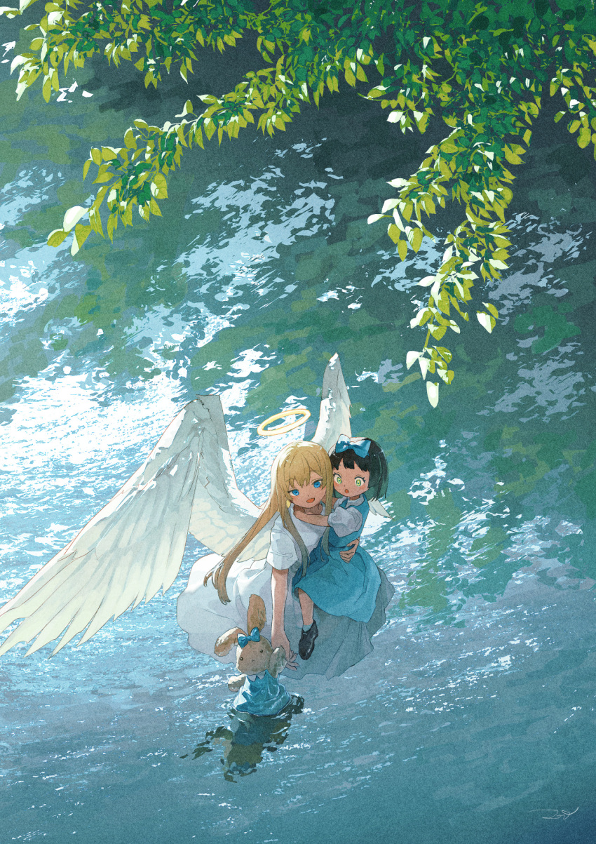 2girls angel_wings aqua_bow aqua_dress aqua_socks bangs black_footwear black_hair blonde_hair blue_eyes bow day dress forehead from_above green_eyes hair_bow hair_over_shoulder halo highres holding holding_stuffed_toy lake looking_away multiple_girls open_mouth original outdoors partially_submerged potg_(piotegu) puffy_short_sleeves puffy_sleeves shoes short_hair short_sleeves sidelocks smile socks solo standing stuffed_animal stuffed_toy tree wading white_dress wings