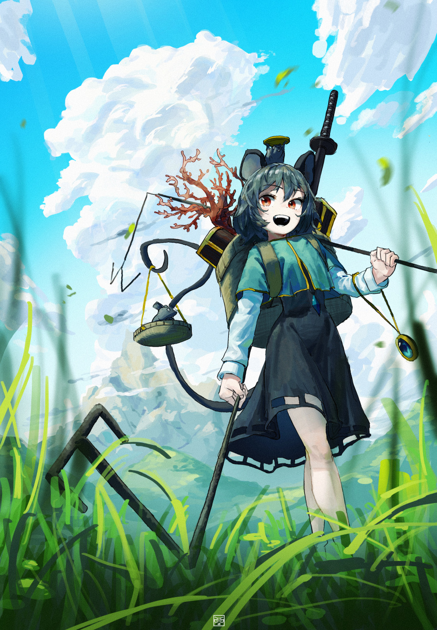 1girl :d absurdres animal_ears bag bangs black_skirt blast-7 blue_sky capelet cloud commentary_request cumulonimbus_cloud dowsing_rod dutch_angle full_body grass green_capelet grey_hair highres holding jewelry long_sleeves looking_at_viewer medium_hair mouse mouse_ears mouse_girl mouse_on_head mouse_tail nazrin open_mouth outdoors pendant red_eyes shirt skirt sky smile solo sword sword_on_back tail touhou weapon weapon_on_back white_shirt