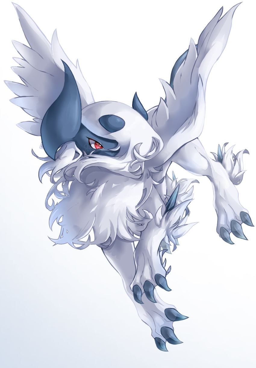 absol animal_focus artist_name bangs commentary covered_mouth feathered_wings full_body fur_collar gradient_background hair_over_one_eye highres long_hair looking_to_the_side mega_absol mega_pokemon no_humans one_eye_covered pokemon pokemon_(creature) red_eyes shia_(shi12_poke) signature simple_background solo white_background white_hair white_theme white_wings wings