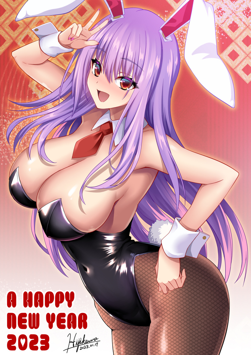 1girl 2023 :d alternate_costume animal_ears armpits black_leotard blush breasts cowboy_shot detached_collar fishnet_pantyhose fishnet_thighhighs fishnets happy_new_year highres hijikawa_arashi large_breasts leotard long_hair looking_at_viewer necktie oversized_breast_cup pantyhose playboy_bunny purple_hair rabbit_ears rabbit_girl red_eyes red_necktie reisen_udongein_inaba smile solo strapless strapless_leotard thighhighs touhou v_over_eye wrist_cuffs