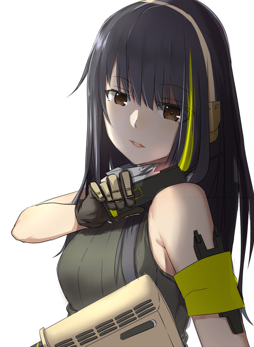 1girl armband assault_rifle bare_shoulders black_gloves black_hair commentary_request ear_protection from_side girls'_frontline gloves green_armband green_eyes gun highres holding holding_gun holding_weapon long_hair lulu_heika m4_carbine m4a1_(girls'_frontline) multicolored_hair open_mouth ribbed_shirt rifle shirt simple_background sleeveless solo streaked_hair upper_body weapon white_background