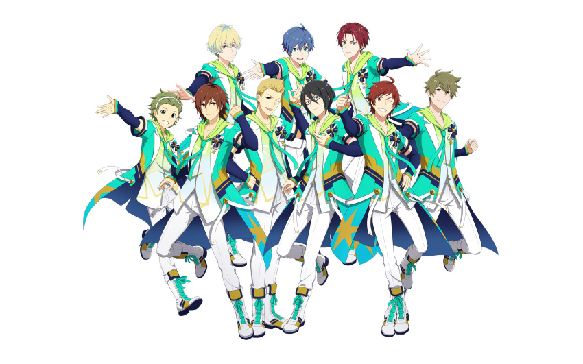 6+boys ahoge amagase_touma amamine_shuu bangs black_hair blonde_hair blue_eyes boots brown_hair c.first_(idolmaster) clenched_hand dramatic_stars_(idolmaster) fingernails full_body glasses green_eyes green_hair hair_between_eyes hanazono_momohito hand_on_hip highres idolmaster idolmaster_side-m idolmaster_side-m_growing_stars ijuuin_hokuto jupiter_(idolmaster) kashiwagi_tsubasa light_green_hair looking_at_viewer male_focus mayumi_eishin mitarai_shouta mole mole_under_eye multicolored_hair multiple_boys necktie official_alternate_costume official_art one_eye_closed outstretched_hand pants red_eyes red_hair ribbon sakuraba_kaoru short_hair smile teeth tendo_teru upper_teeth_only white_pants