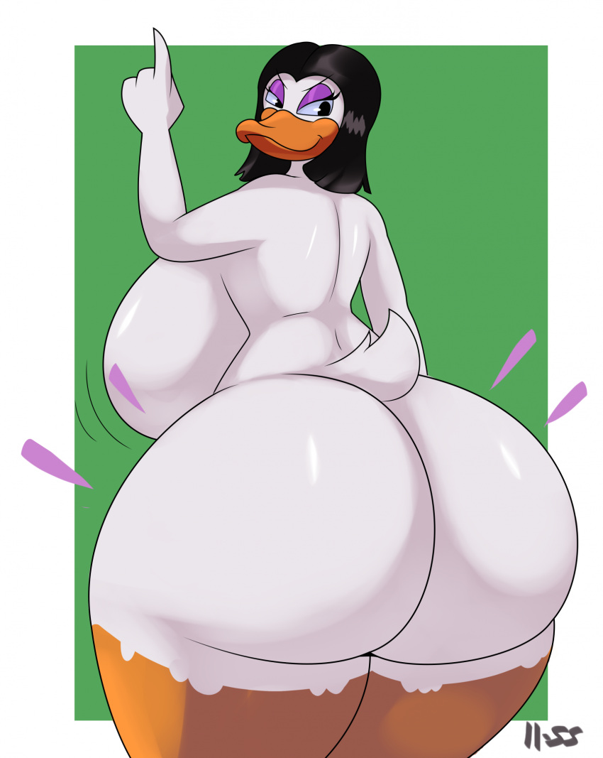 anatid anseriform anthro avian beak big_breasts big_butt bird black_eyes black_hair breasts butt disney duck ducktales female hair half-closed_eyes hi_res huge_breasts huge_butt huge_hips huge_thighs hyper hyper_breasts ll-ss looking_back magica_de_spell narrowed_eyes non-mammal_breasts nude side_boob smile solo thick_thighs white_body wide_hips