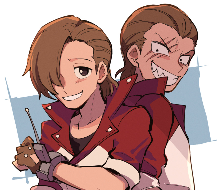 1boy ace_attorney brown_eyes brown_hair clenched_teeth dual_persona evil_grin evil_smile fingerless_gloves gloves grin hair_over_one_eye jacket looking_at_viewer male_focus matt_engarde nono_(norabi) phoenix_wright:_ace_attorney_-_justice_for_all red_jacket scar scar_across_eye shirt short_hair smile spoilers teeth upper_body