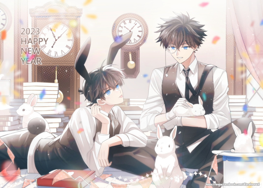 2boys animal animal_ears bangs black_hair black_pants black_vest blue_eyes book book_stack cang_cheng gloves grin happy_new_year hat hat_removed headwear_removed holding holding_animal indoors kaitou_kid kudou_shin'ichi long_sleeves looking_at_another lying meitantei_conan monocle multiple_boys on_stomach pants rabbit rabbit_ears rabbit_tail shirt short_hair sitting smile tail teeth vest web_address white_gloves white_headwear white_shirt