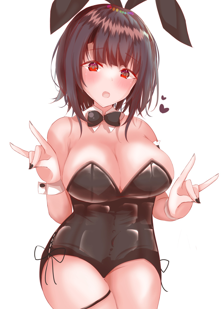 1girl absurdres alternate_costume animal_ears bangs bare_shoulders black_bow black_bowtie black_hair black_leotard blunt_bangs blush bow bowtie breasts carrot cleavage detached_collar heart highres kantai_collection large_breasts leotard lokolokooo looking_at_viewer playboy_bunny rabbit rabbit_ears rabbit_tail red_eyes short_hair simple_background solo tail takao_(kancolle) white_background wrist_cuffs