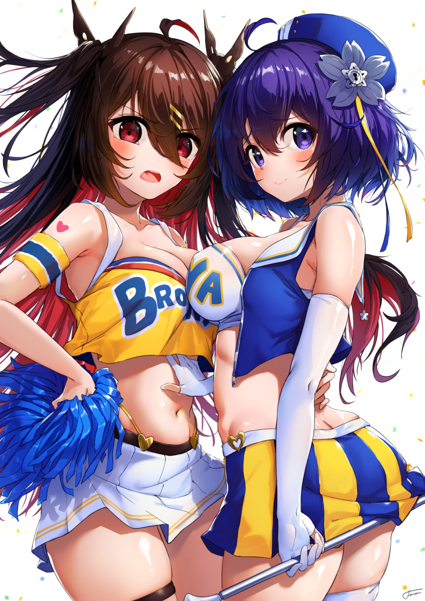 2girls ahoge armband armpits bare_shoulders blue_headwear blue_jacket breasts brown_hair cheerleader closed_mouth colored_inner_hair cowboy_shot crop_top elbow_gloves frown gloves hair_ornament hand_on_another's_stomach hand_on_hip hat highleg highres holding holding_pom_poms honkai_(series) honkai_impact_3rd jacket long_hair looking_at_viewer medium_breasts midriff miniskirt multicolored_hair multiple_girls navel open_clothes open_jacket open_mouth panty_straps partially_fingerless_gloves pleated_skirt pom_pom_(cheerleading) purple_eyes purple_hair red_eyes red_hair seele_(alter_ego) seele_vollerei shirt short_hair skindentation skirt sleeveless sleeveless_jacket sleeveless_shirt smile stomach thigh_strap thighhighs thighs two-tone_skirt two_side_up v-shaped_eyebrows white_gloves white_skirt white_thighhighs xfate yellow_shirt zettai_ryouiki
