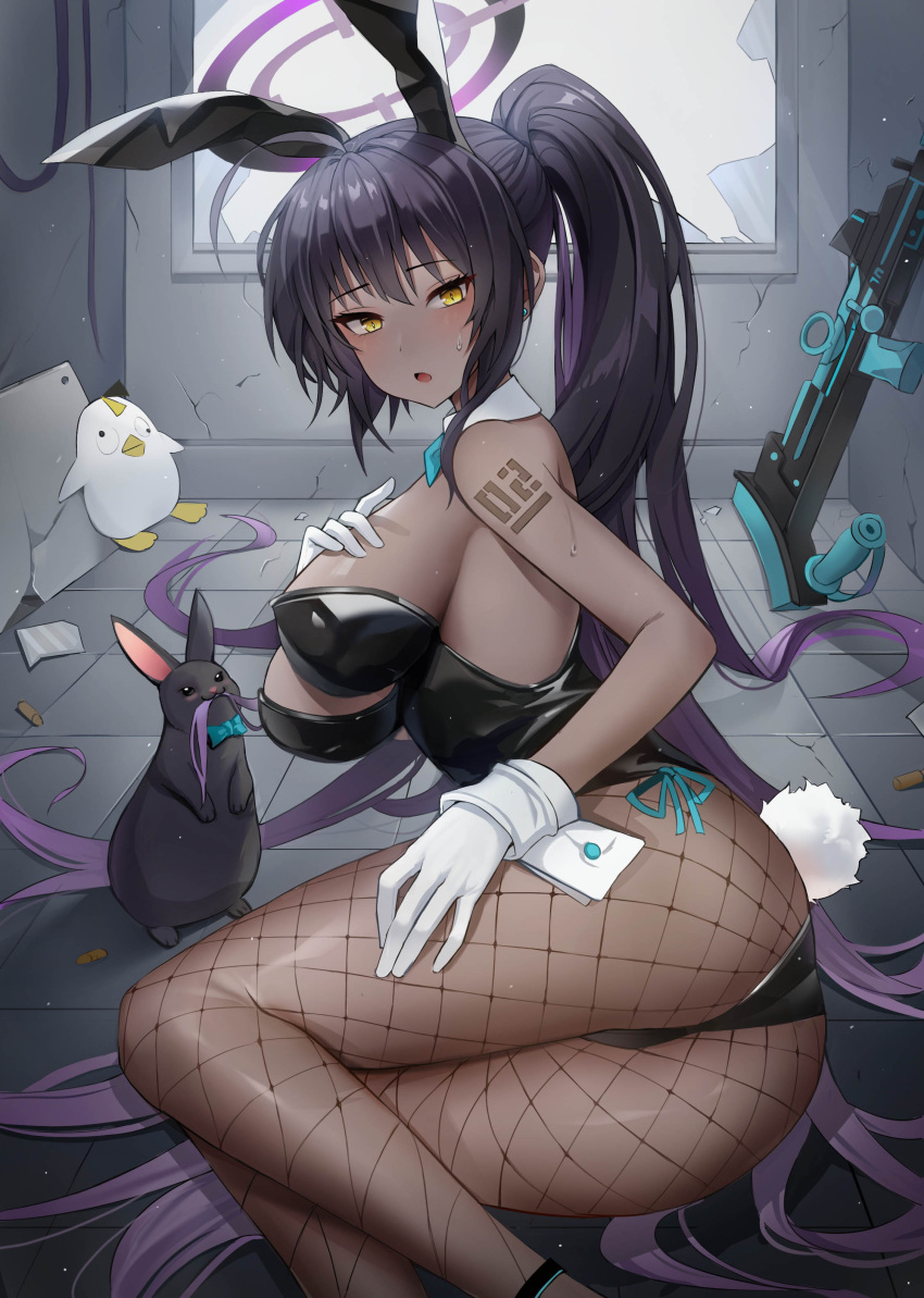 1girl :o absurdres ahoge animal_ears arm_tattoo ass bangs bare_arms bare_shoulders black_hair black_leotard blue_archive blush breasts broken_glass dark-skinned_female dark_skin fake_animal_ears feet_out_of_frame fishnet_pantyhose fishnets glass gloves gonggo gradient_hair gun hand_on_own_chest hand_on_own_thigh highres karin_(blue_archive) large_breasts legs leotard long_hair looking_at_viewer lying multicolored_hair number_tattoo official_alternate_costume on_floor on_side open_mouth pantyhose playboy_bunny ponytail purple_hair rabbit rabbit_ears shell_casing shiny_skin side-tie_leotard sideboob sidelocks solo strapless strapless_leotard sweat tattoo thighs tile_floor tiles very_long_hair weapon white_gloves white_wrist_cuffs window wrist_cuffs yellow_eyes