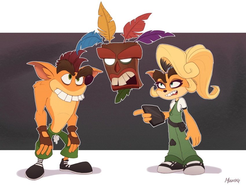 2021 activision aku_aku animate_inanimate anthro clothing crash_bandicoot_(series) eye_contact fake_coco female footwear fur group hair long_hair looking_at_another magaska19 male mammal marsupial mask shoes signature simple_background trash_bandicoot