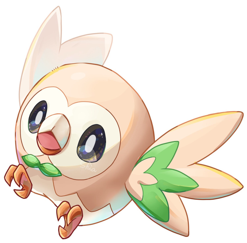 animal_focus artist_name bird black_eyes bright_pupils full_body highres no_humans open_mouth pokemon pokemon_(creature) rowlet shia_(shi12_poke) signature simple_background solo white_background white_pupils