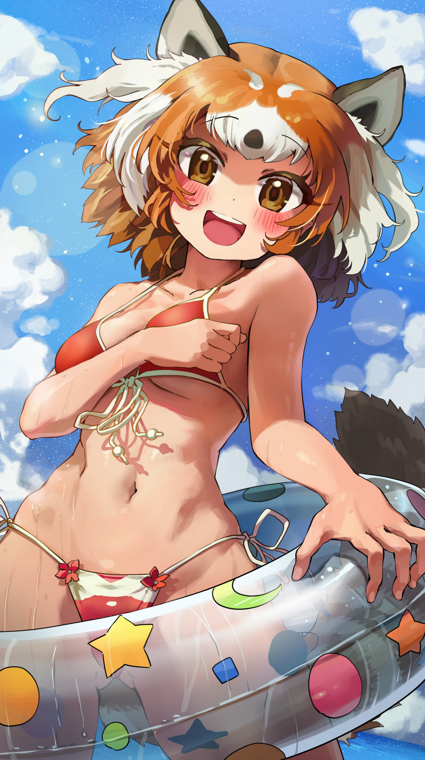 1girl :d absurdres animal_ears ass_visible_through_thighs bare_arms bare_shoulders bikini blue_sky blush breasts brown_eyes cloud collarbone commentary day dot_nose front-tie_bikini_top front-tie_top highres innertube kemono_friends lens_flare lesser_panda_(kemono_friends) looking_at_viewer medium_breasts medium_hair melaton multicolored_hair navel open_mouth orange_hair outdoors red_panda_ears red_panda_tail side-tie_bikini_bottom sky smile solo stomach string_bikini swimsuit tail two-tone_hair white_hair