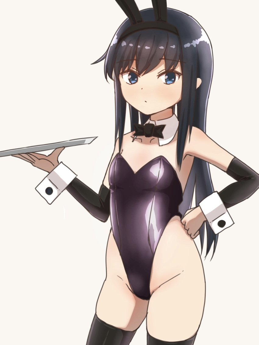 1girl animal_ears arm_warmers asashio_(kancolle) black_hair black_leotard black_thighhighs blue_eyes bow bowtie breasts contrapposto cowboy_shot detached_collar hand_on_hip highleg highleg_leotard highres kantai_collection kmp_alter leotard long_hair looking_at_viewer playboy_bunny rabbit_ears simple_background small_breasts solo strapless strapless_leotard thighhighs tray white_background wrist_cuffs