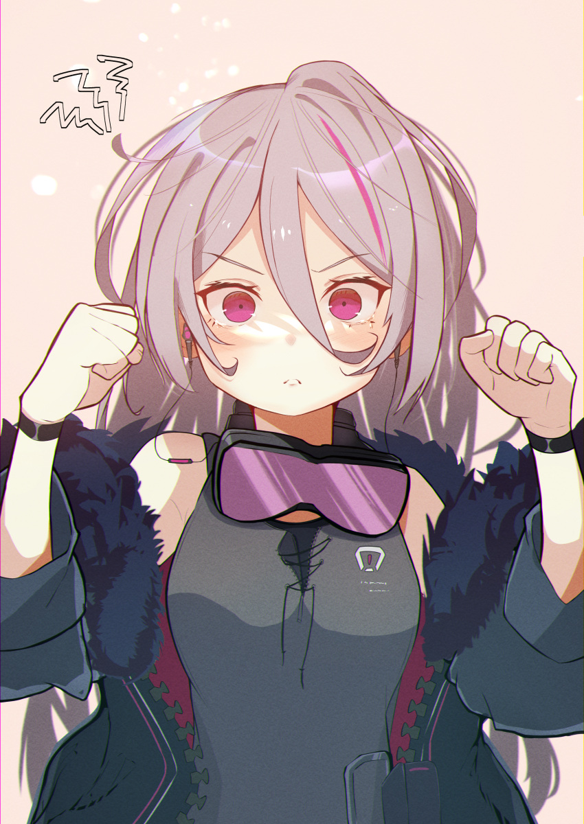 1girl absurdres arms_up black_jacket black_shirt bracelet clenched_hands commentary_request earphones frown fur-trimmed_jacket fur_trim girls'_frontline goggles goggles_around_neck grey_hair hair_between_eyes highres jacket jewelry long_hair multicolored_hair pink_background pink_eyes pink_hair ryunosuke_nikaido shirt sleeveless sleeveless_shirt solo streaked_hair t-cms_(girls'_frontline) upper_body