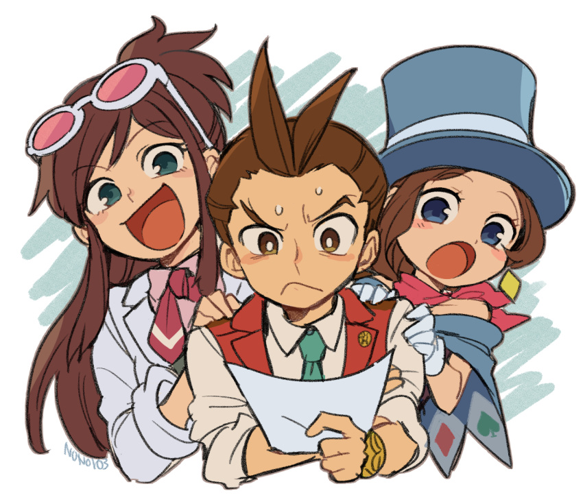 1boy 2girls :d ace_attorney antenna_hair apollo_justice behind_another blue_eyes blue_headwear blue_necktie bracelet brown_eyes brown_hair cape closed_mouth dress earrings ema_skye eyewear_on_head formal glasses gloves green_eyes half_updo hand_on_another's_shoulder hat holding holding_paper jacket jewelry labcoat long_hair multiple_girls necktie nono_(norabi) open_mouth paper scarf shirt short_hair simple_background sleeves_rolled_up smile suit sweatdrop top_hat trucy_wright vest white_background white_gloves