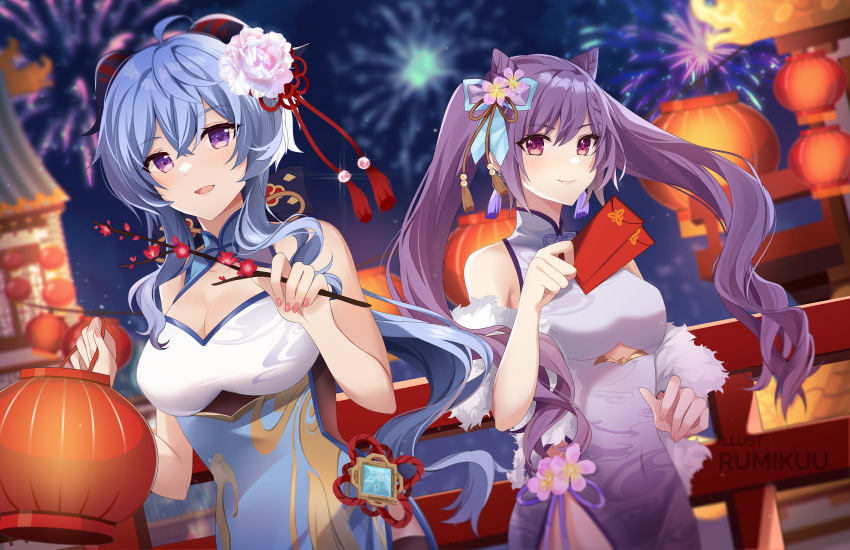 2girls :d aerial_fireworks ahoge alternate_costume artist_name bangs bare_arms bare_shoulders black_thighhighs blue_hair braid branch breasts building china_dress chinese_clothes chinese_new_year cleavage cleavage_cutout closed_mouth clothing_cutout commentary cone_hair_bun crossed_bangs double_bun dress english_commentary envelope fireworks floating_hair flower ganyu_(genshin_impact) genshin_impact goat_horns hair_bun hair_flower hair_ornament highres holding holding_branch holding_envelope holding_lantern horns k-rumi keqing_(genshin_impact) lantern long_hair medium_breasts multicolored_clothes multicolored_dress multiple_girls nail_polish night night_sky paper_lantern parted_bangs purple_eyes purple_hair red_flower side_slit sidelocks sky sleeveless sleeveless_dress smile tassel tassel_hair_ornament thighhighs twintails upper_body vision_(genshin_impact) white_dress white_flower