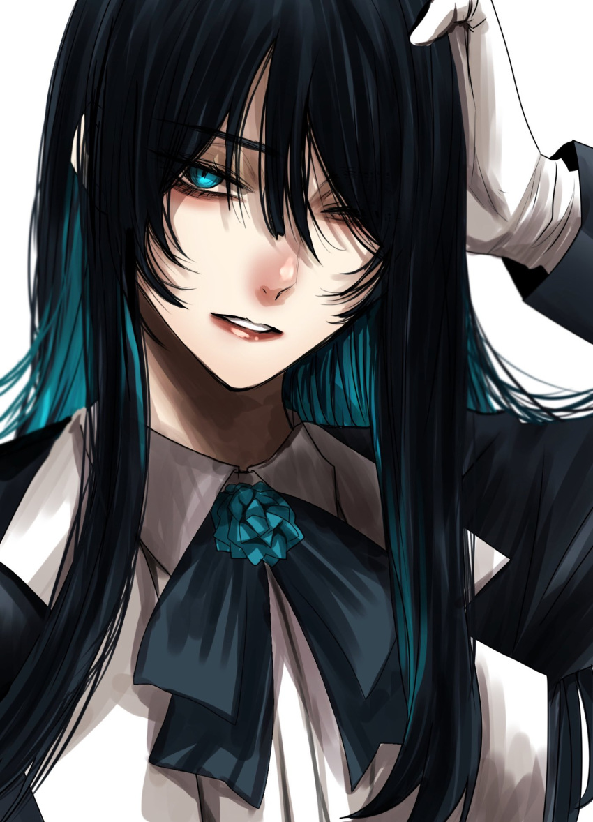 1girl ado_(singer) black_hair black_jacket blue_eyes bow bowtie colored_inner_hair gloves hand_on_own_head hand_up head highres hoshi_san_3 jacket long_hair looking_at_viewer multicolored_hair niconico one_eye_closed parted_lips shirt simple_background solo upper_body white_background white_gloves white_shirt