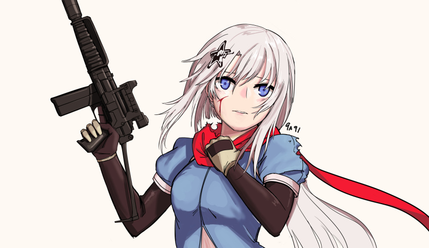 1girl 9a-91 9a-91_(girls'_frontline) blood blood_on_face blue_dress blue_eyes breasts character_name commentary cuts dress english_commentary folding_stock girls'_frontline gloves gun hair_ornament highres holding holding_gun holding_weapon inapple injury long_hair looking_at_viewer medium_breasts parted_lips puffy_sleeves red_scarf scarf simple_background solo star_(symbol) star_hair_ornament torn_clothes trigger_discipline upper_body weapon white_hair