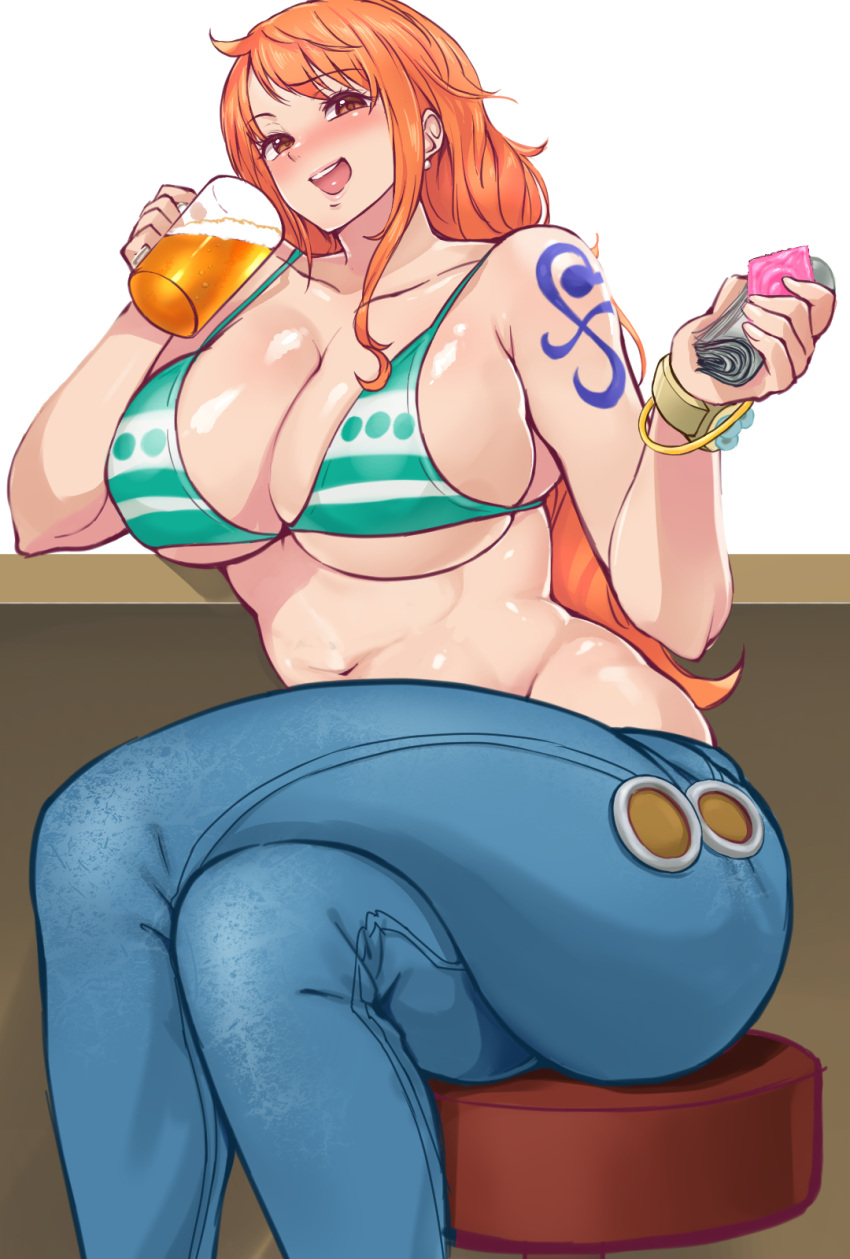 1girl ahoge alcohol arm_rest bangs bare_shoulders beer bikini bikini_top_only blush breasts brown_eyes cleavage condom condom_wrapper crossed_legs cup denim drinking drinking_glass drunk earrings hands_up head_tilt highres holding holding_cup jeans jewelry large_breasts legs long_hair looking_at_viewer money nami_(one_piece) navel nose_blush one_piece open_mouth orange_hair pants potatopanicking prostitution shoulder_tattoo sitting smile solo stool swimsuit table tattoo teeth thighs upper_teeth_only white_background