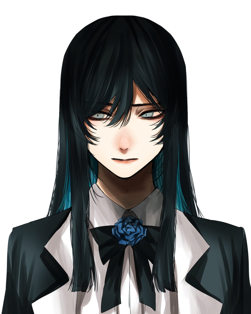 1girl ado_(singer) black_bow black_bowtie black_hair black_jacket blue_flower blue_hair blue_rose bow bowtie closed_mouth colored_inner_hair flower grey_eyes hair_between_eyes highres hoshi_san_3 jacket long_hair looking_away multicolored_hair neck_flower niconico rose shirt simple_background solo upper_body white_background white_shirt