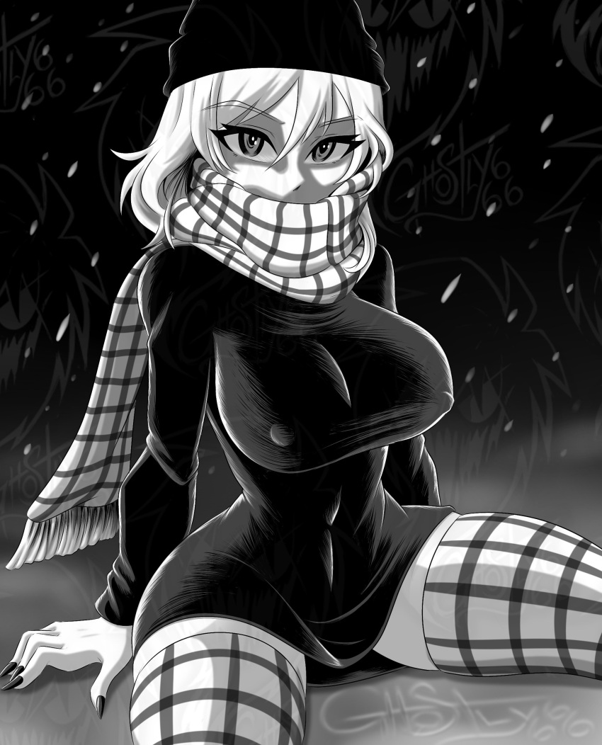 1girl absurdres ai-generated_art_(topic) artist_name black_dress black_headwear black_nails borrowed_character breasts character_request covered_mouth covered_navel covered_nipples dress ghostly666 greyscale hair_between_eyes highres large_breasts looking_at_viewer monochrome original plaid plaid_legwear plaid_scarf scarf shadow sitting skindentation snowing solo thighhighs white_hair