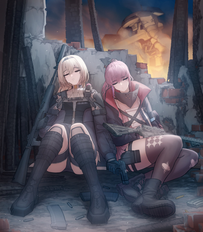 2girls absurdres an-94 an-94_(girls'_frontline) ar-15 assault_rifle black_gloves blonde_hair boots cheogtanbyeong closed_eyes commentary_request dress full_body girls'_frontline gloves gun handgun highres holding holding_gun holding_weapon jacket korean_commentary legs_up magazine_(weapon) mod3_(girls'_frontline) multiple_girls open_mouth pink_dress pink_hair ponytail rifle ruins shell_casing sitting st_ar-15_(girls'_frontline) suppressor thighhighs torn_clothes torn_thighhighs weapon