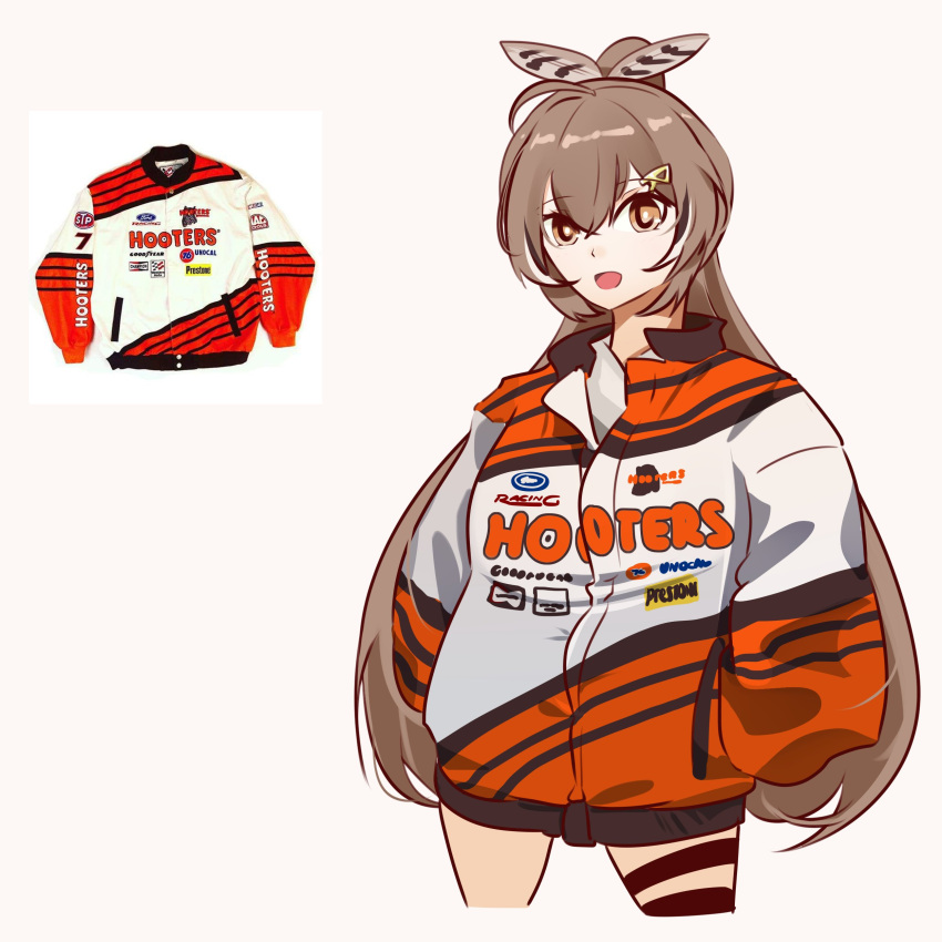 1girl :d absurdres brown_eyes brown_hair feather_hair_ornament feathers hair_ornament hands_in_pockets highres holeecrab holocouncil hololive hololive_english hooters long_hair nanashi_mumei nascar racing_suit simple_background smile solo thigh_strap virtual_youtuber white_background