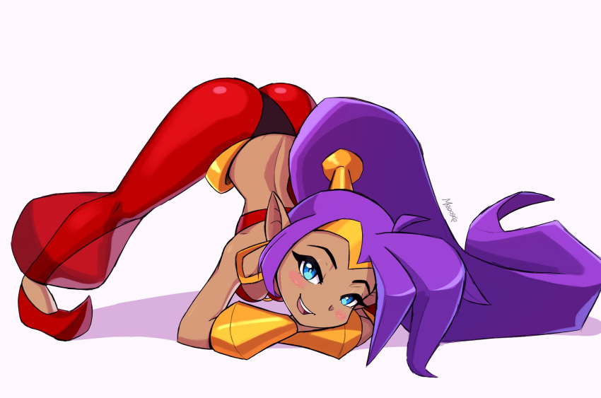 2021 blue_eyes breasts clothing ear_piercing footwear genie hair hi_res humanoid humanoid_pointy_ears jack-o'_pose long_hair looking_at_viewer magaska19 not_furry open_mouth open_smile piercing ponytail pose purple_hair shantae shantae_(series) shoes simple_background smile solo wayforward white_background
