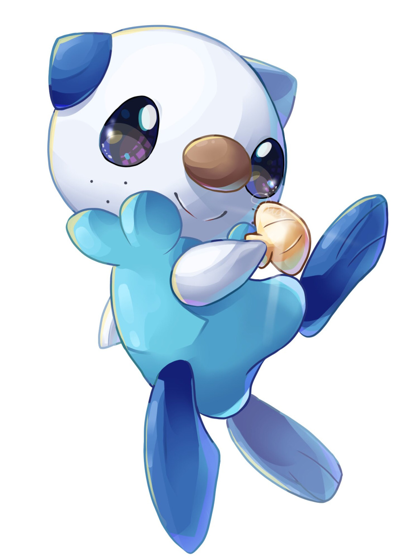 animal_focus artist_name black_eyes closed_mouth freckles full_body glint happy highres holding no_humans oshawott pokemon pokemon_(creature) seashell shell shia_(shi12_poke) signature simple_background smile solo split_mouth white_background