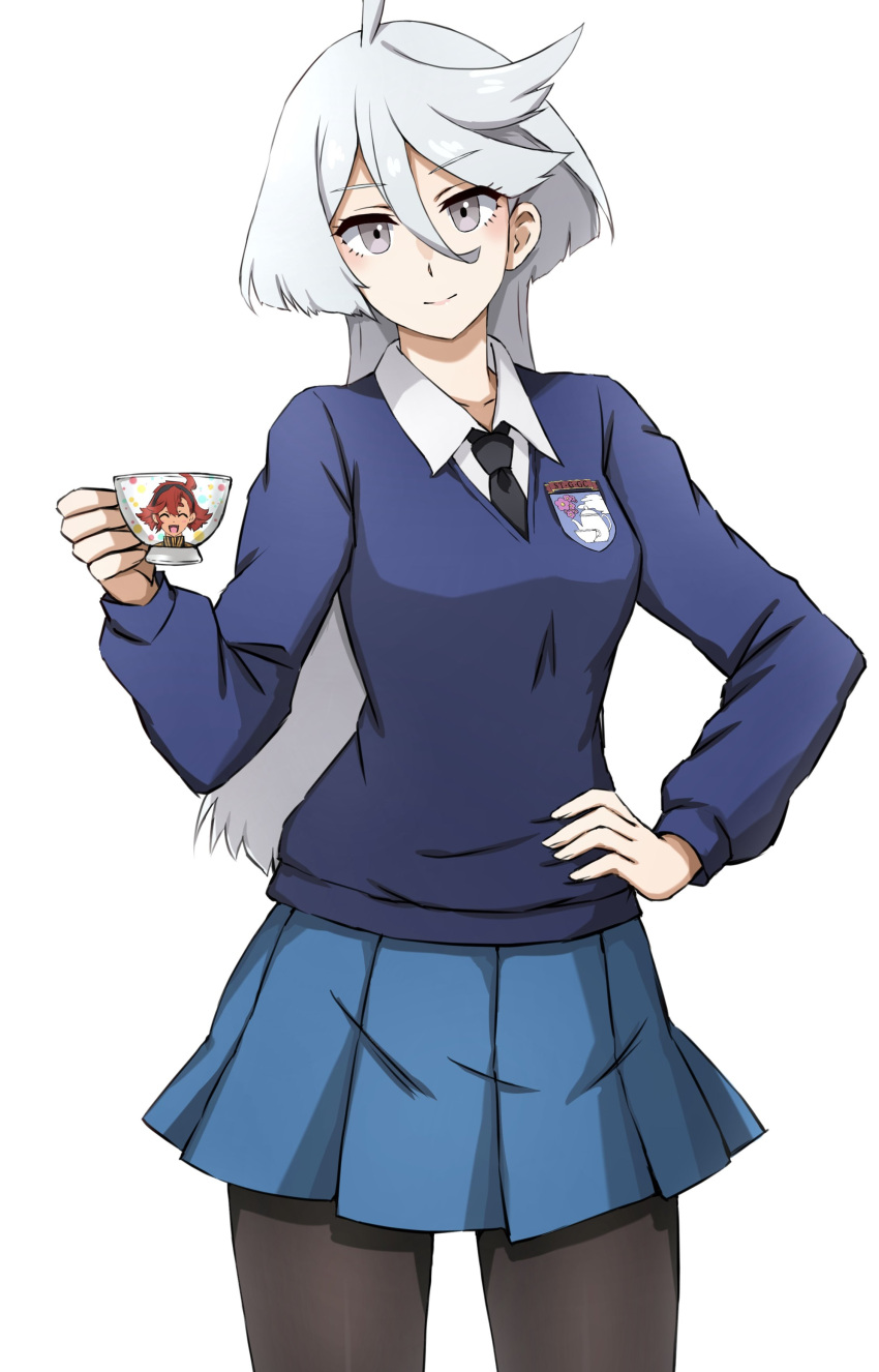 1girl absurdres ahoge bangs black_necktie black_pantyhose blue_skirt blue_sweater cosplay cowboy_shot cup darjeeling_(girls_und_panzer) darjeeling_(girls_und_panzer)_(cosplay) dress_shirt emblem girls_und_panzer grey_eyes grey_hair gundam gundam_suisei_no_majo hair_between_eyes highres holding holding_cup long_hair long_sleeves looking_at_viewer miniskirt miorine_rembran necktie omachi_(slabco) pantyhose pleated_skirt school_uniform shirt simple_background skirt smile solo st._gloriana's_(emblem) st._gloriana's_school_uniform suletta_mercury sweater swept_bangs teacup v-neck white_background white_shirt wing_collar
