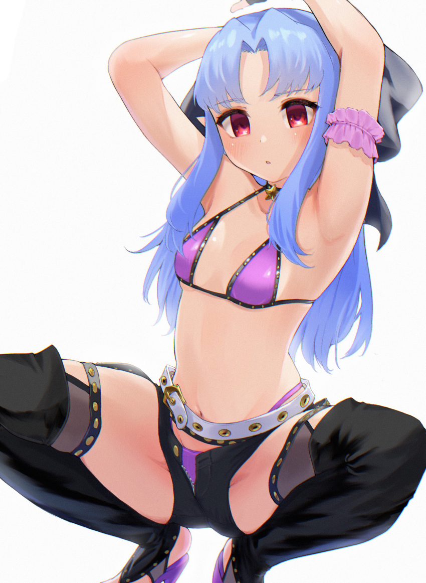 1girl absurdres armpits arms_up bangs bb_(fate) bb_(swimsuit_mooncancer)_(fate) bb_(swimsuit_mooncancer)_(fate)_(cosplay) bikini black_bow black_shorts blue_hair bow breasts cosplay fate/grand_order fate_(series) grey_background hair_bow highres len_(tsukihime) long_hair looking_at_viewer navel parted_bangs purple_bikini red_eyes shooot108 shorts simple_background small_breasts solo swimsuit thighs tsukihime unzipped