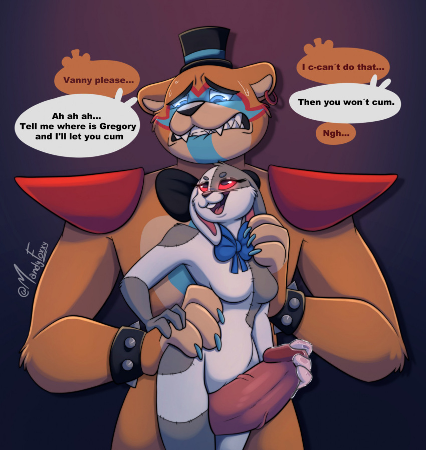 anthro bear blue_eyes bodily_fluids bodypaint bow_tie bracelet buckteeth clenched_teeth clothing dialogue dominant dominant_female duo ear_piercing ear_ring erection face_paint fangs female five_nights_at_freddy's five_nights_at_freddy's:_security_breach frown genital_fluids genitals glamrock_freddy_(fnaf) glowing glowing_eyes hat headgear headwear hi_res humanoid_genitalia humanoid_penis jewelry lagomorph larger_male leporid male male/female mammal mandyfoxy nude open_mouth orgasm_denial penis piercing precum rabbit red_eyes ring_piercing scottgames sex sharp_teeth shoulder_pads size_difference small_dom_big_sub smaller_female speech_bubble spiked_bracelet spikes standing stitch_(sewing) teeth thigh_sex top_hat vanny_(fnaf)