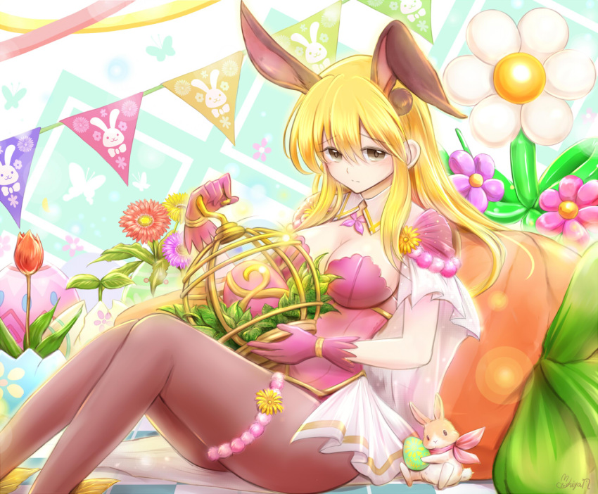 1girl animal_ears blonde_hair breasts brown_pantyhose circlet cleavage cosplay detached_collar easter easter_egg egg fake_animal_ears fire_emblem fire_emblem_echoes:_shadows_of_valentia fire_emblem_heroes flower gloves lachesis_(fire_emblem) large_breasts leotard pantyhose purple_gloves rabbit rabbit_ears see-through_cape shirt signature solo sonya_(fire_emblem) sonya_(fire_emblem)_(cosplay) sonya_(spring)_(fire_emblem) strapless strapless_leotard strapless_shirt stuffed_animal stuffed_toy yellow_eyes yoshiyanmisoko2