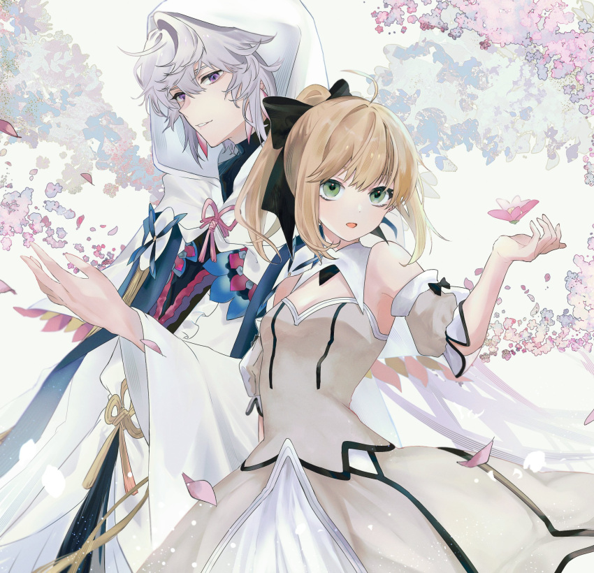 1boy 1girl ahoge artoria_pendragon_(fate) bare_shoulders black_bow blonde_hair bow breasts collar dress fate/grand_order fate_(series) floral_background flower green_eyes grey_hair hair_bow highres hood long_sleeves merlin_(fate) nigiri open_mouth ornament petals pink_flower pink_rope purple_eyes purple_flower robe rope saber_lily short_hair small_breasts teeth uvula white_dress white_hood white_robe yellow_rope